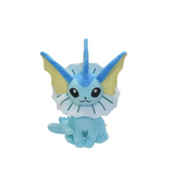 Seated 22 cm Vaporeon plush with yellow ear fins, a white neck frill, and a blue curled tail