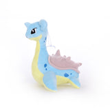 Side view of blue Lapras Pokémon plush with blue spots, a pink spiked shell and pale yellow belly