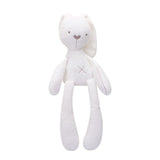 White long-eared bunny plush with gray ear panels, stitched face, and X belly accent