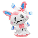 Mimikyu plush in a pink and white Sylveon costume with blue ribbon accents