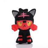 Black and red Litten Pokémon plush with yellow embroidered eyes and striped legs, front view