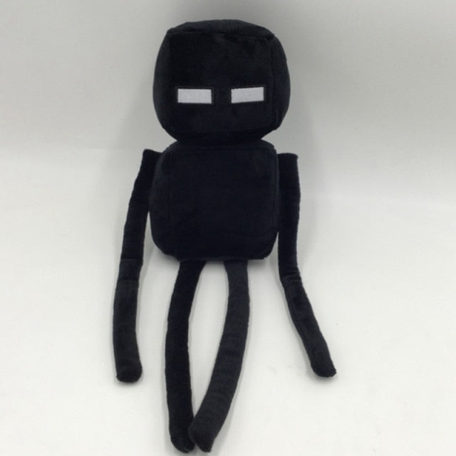 Black Minecraft Enderman plush with a square head, pale rectangular eyes, and long arms and legs
