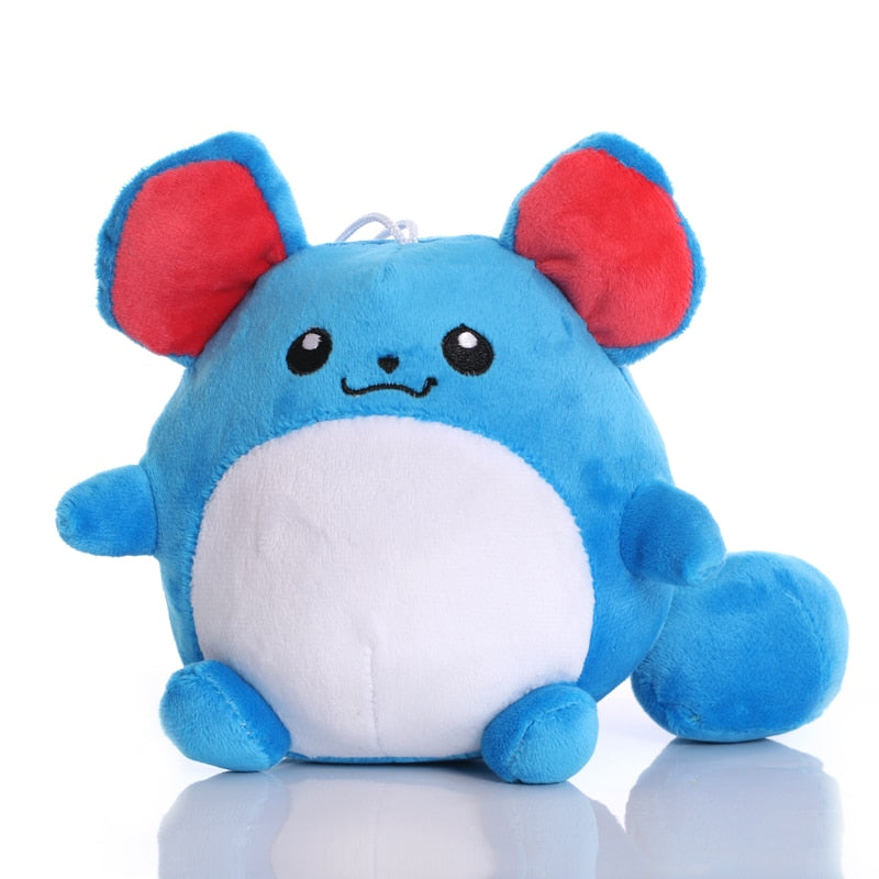 Front view of blue Marill Pokémon plush with a white belly, red inner ears and round blue tail
