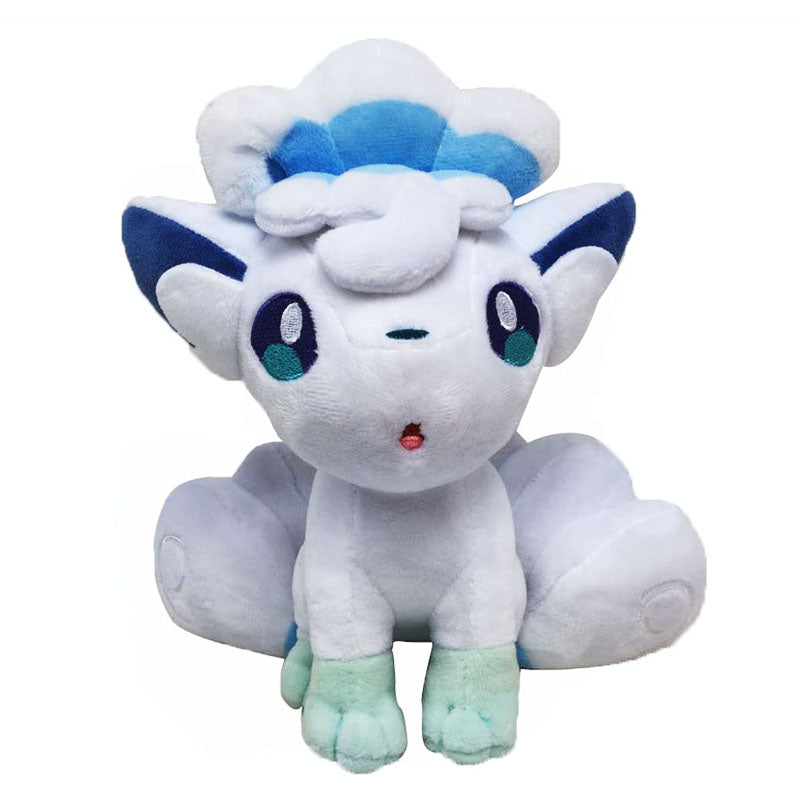 Alolan Vulpix Pokémon plush with a white body, embroidered eyes, and pale blue paws, front view