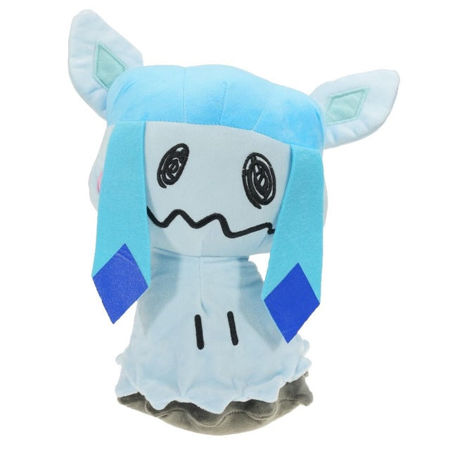 Mimikyu Glaceon cosplay plush with pale blue colors, pointed ears, and turquoise head flaps with dark blue tips