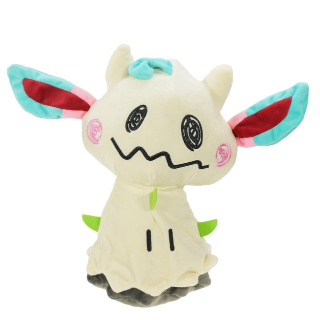 Mimikyu Leafeon cosplay plush with a cream-colored body, turquoise leaf-shaped ears with red centers, and pink cheeks