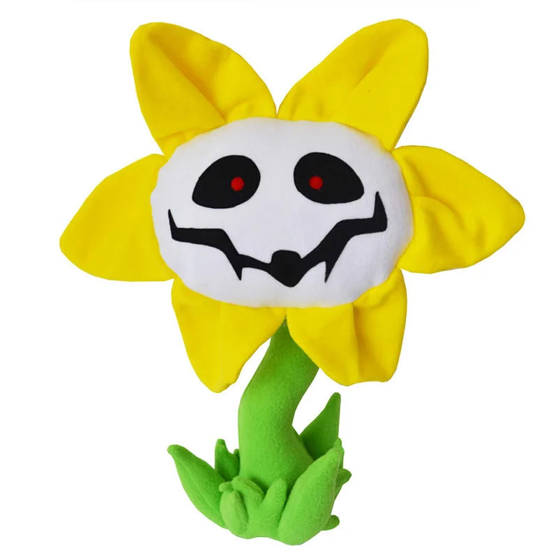 Flowey sunflower plush with yellow petals, a white grinning face, red pupils, and a green stem and leaves