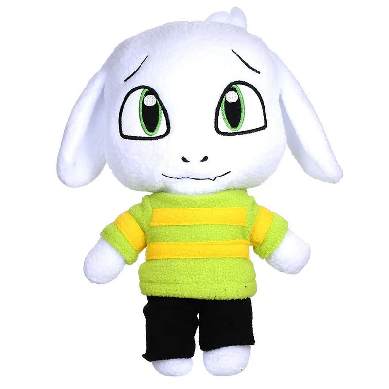 Asriel Undertale standing plush, 28 cm, with white ears, green eyes, striped green-and-yellow sweater, and black pants
