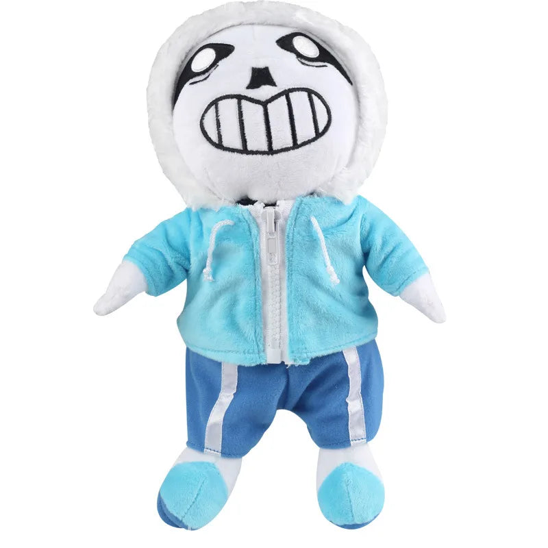 Sans Undertale skeleton plush with a stitched grin, light blue hoodie, striped blue shorts, and blue shoes
