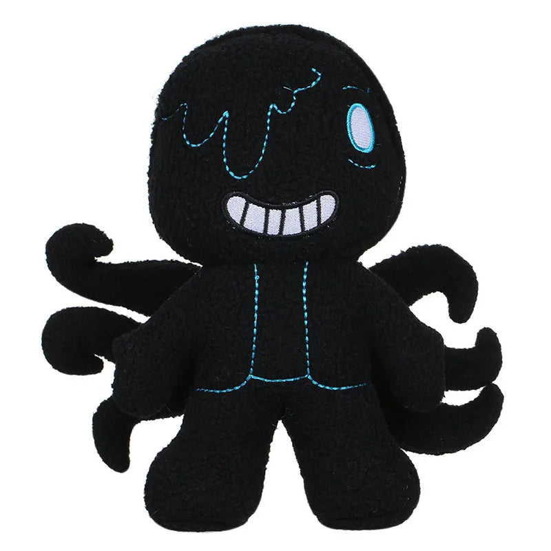 Black Octopus Undertale plush, 25 cm, with curled arms, stitched grin, and turquoise details