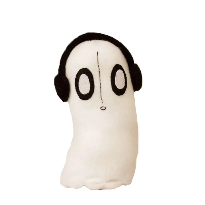 Napstablook Undertale ghost plush, 25 cm, with pale body, black headphones, oval eyes, and stitched mouth
