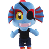 Undyne Undertale plush with blue face, black eyepatch, red fins, black tank top, and red shoes