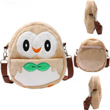 Rowlet Pokémon Mini Shoulder Bag — front, back and side views with brown strap