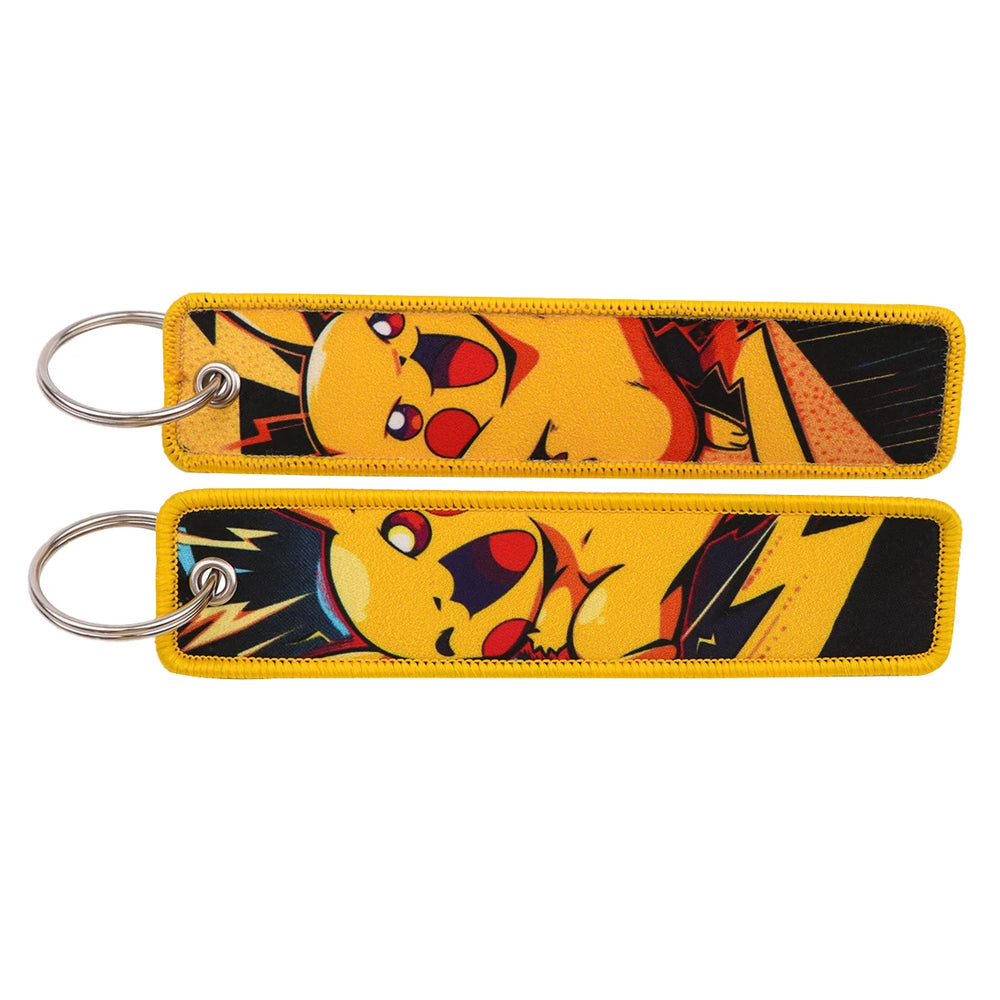 Front and back of the Pikachu double-sided embroidered keychain with metal split ring