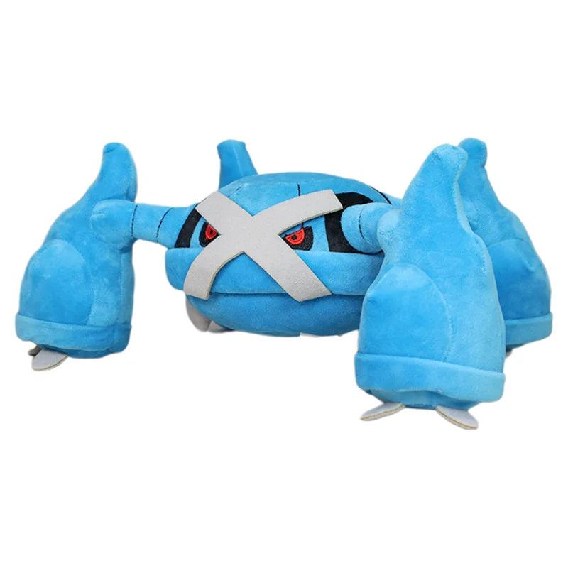 Blue Metagross Pokémon plush with silver X-shaped face marking and red eyes