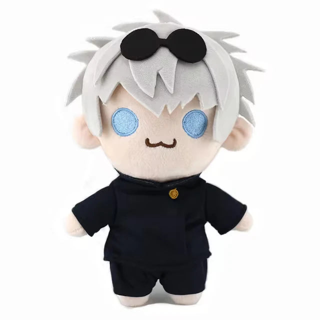 Satoru Gojo plush with white spiky hair, blue eyes, black sunglasses, and dark uniform