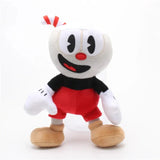 Cuphead plush with a red striped straw, red nose, white gloves, red shorts, and tan shoes