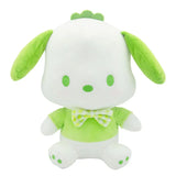 Green and white Pochacco plush with patterned bow tie, front view