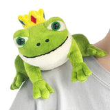 Green crowned frog magnetic plush perched on a shoulder