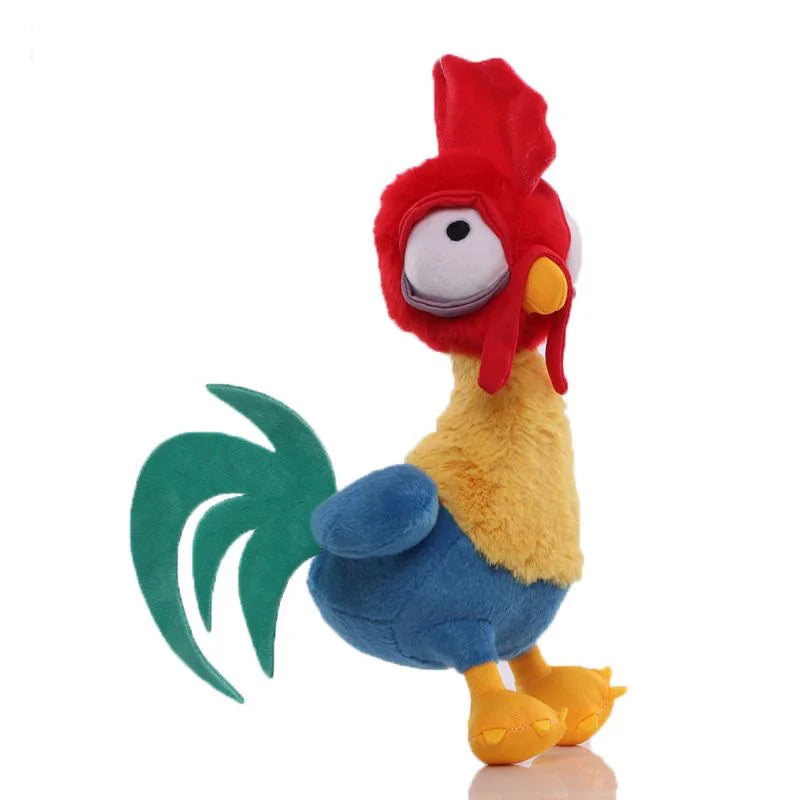 Hei Hei rooster plush from Moana with wide eyes, a red comb, yellow neck, blue body, and green tail