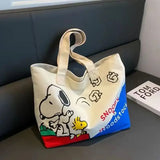 Snoopy and Woodstock canvas tote with blue picnic print and cream handles