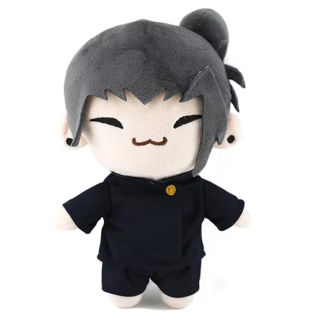Suguru Geto plush with gray topknot, closed smiling eyes, and dark uniform