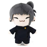 Suguru Geto plush with gray topknot, closed smiling eyes, and dark uniform
