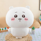 White Chiikawa plush with small ears, pink cheeks, an expressive face, and rounded feet, 16–18 cm