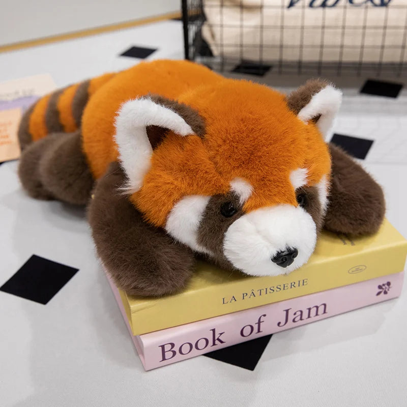 Rust-colored long-arm red panda plush with white facial markings, dark paws, and a striped tail, 30 cm