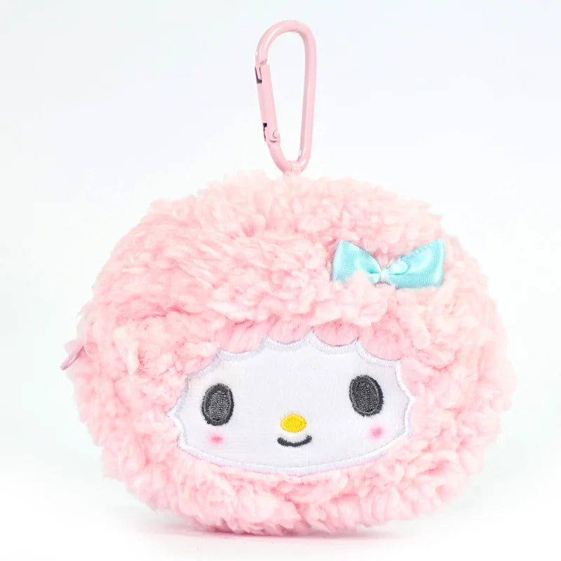 Pink My Sweet Piano plush coin purse with blue bow, zipper, and pink clip