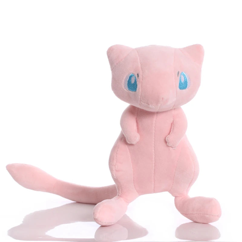 Front view of pink 23 cm Mew plush with blue eyes and a long curved tail