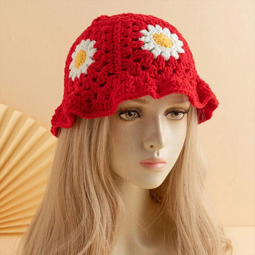 Daisy Crochet Bucket Hat — red, daisy pattern