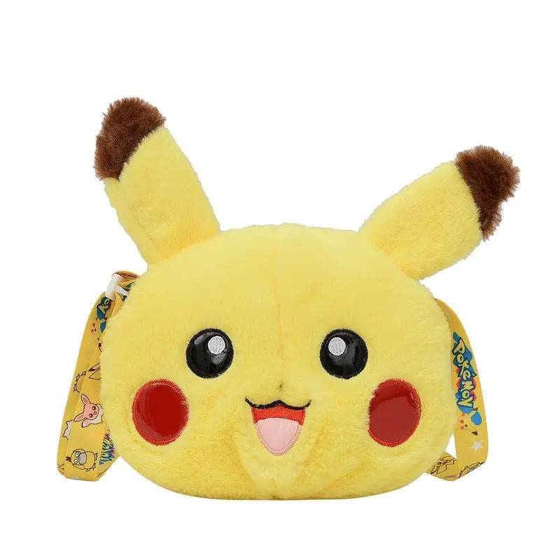 Yellow Pikachu plush crossbody bag with brown-tipped ears and Pokémon-print strap