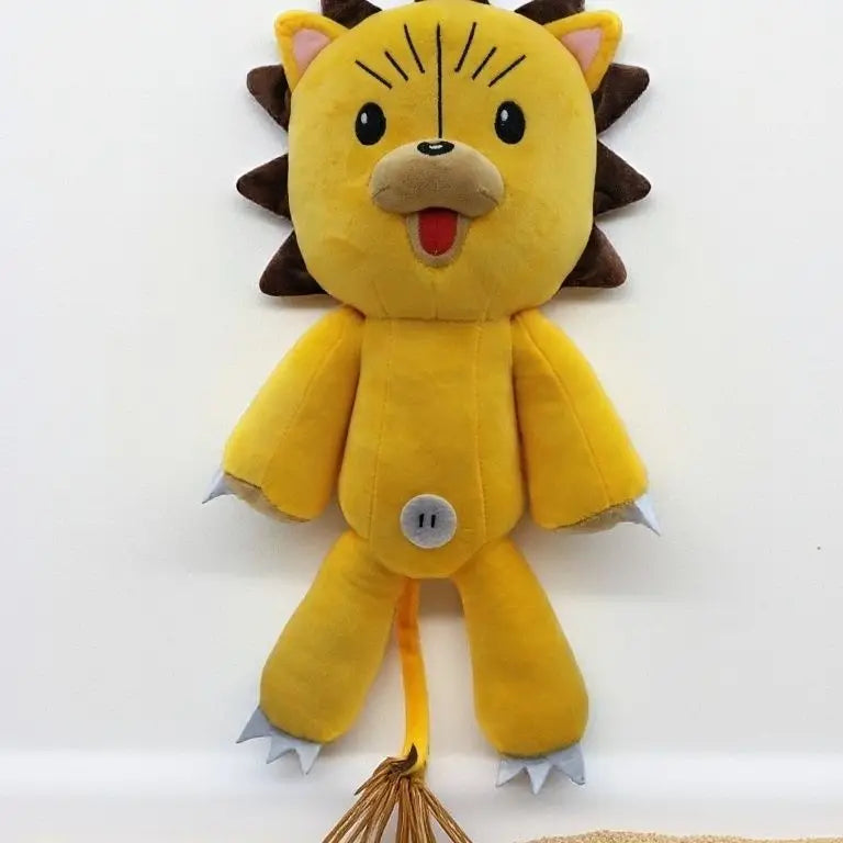 Kon Bleach lion plush with yellow body, brown mane, embroidered face and long tail