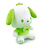 Green Pochacco plush seated side view showing floppy ears and paw details