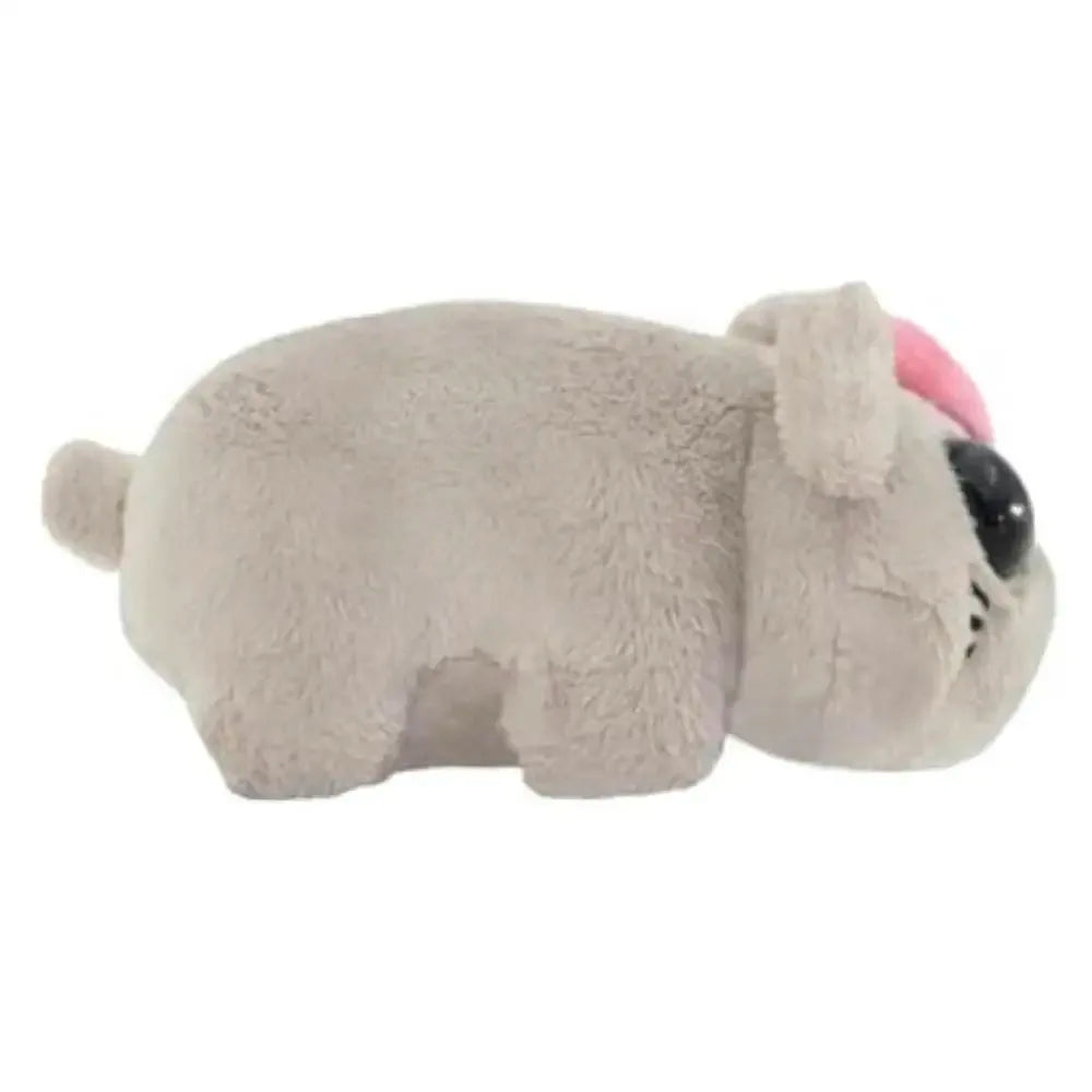 Gray Sad Hamster plush with pink bow — exact nonmusical version, side view