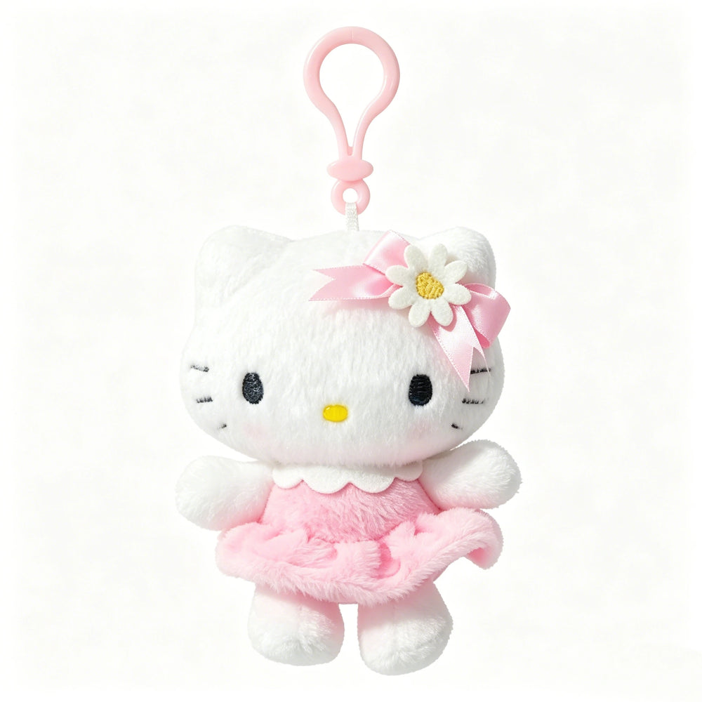 Hello Kitty floral plush keychain with a pink dress, bow, flower detail, and pink clip