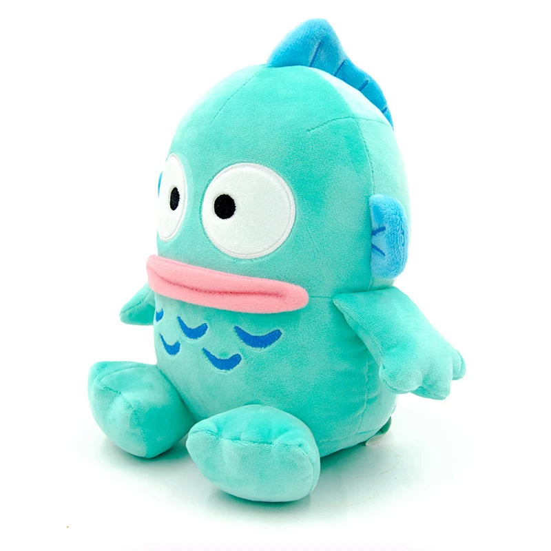 Turquoise Hangyodon plush with pink lips and blue fins, front view