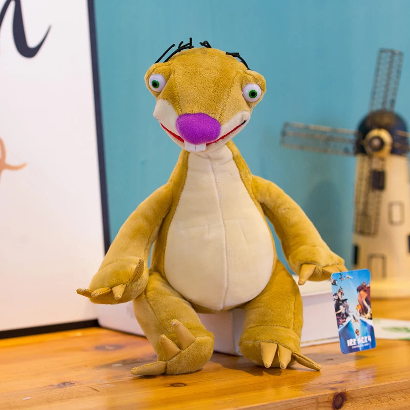 Sid sloth plush from Ice Age with green eyes, a purple nose, and a cream-colored belly
