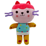 Baby Box plush with red hair, purple whiskers, yellow arms and legs, and a turquoise polka-dot outfit