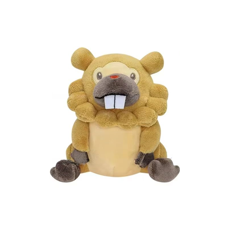 Seated brown and tan Bidoof plush with white front teeth