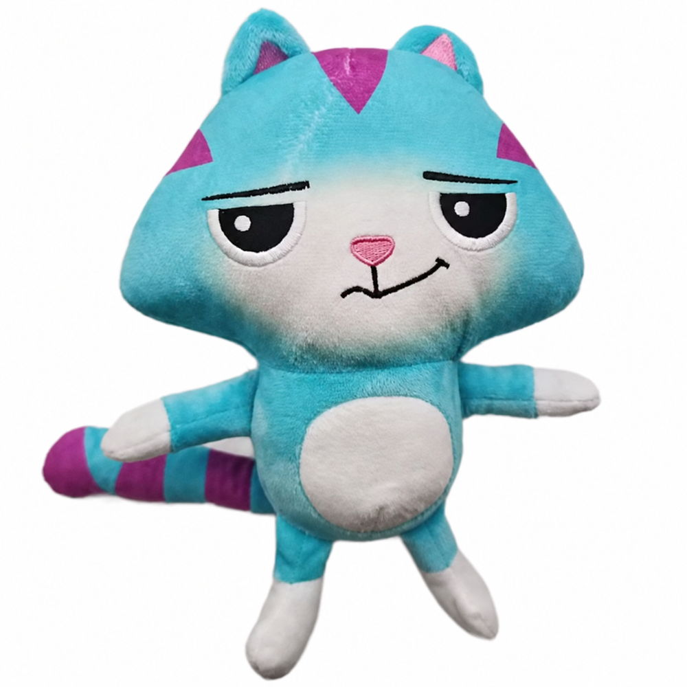 CatRat plush with teal fur, purple stripes, white belly, and a striped tail