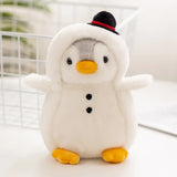 Penguin plush in a white snowman costume with a black top hat and yellow feet