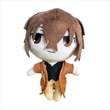 Osamu Dazai plush with brown hair, a tan coat and an embroidered smiling face