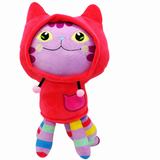 DJ Catnip plush with a purple face, red cat-ear hoodie, and colorful striped legs