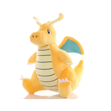 Dragonite character plush with a striped belly and teal wings on a white background