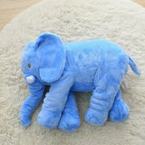 Blue elephant plush with large ears, long trunk, and white tusks