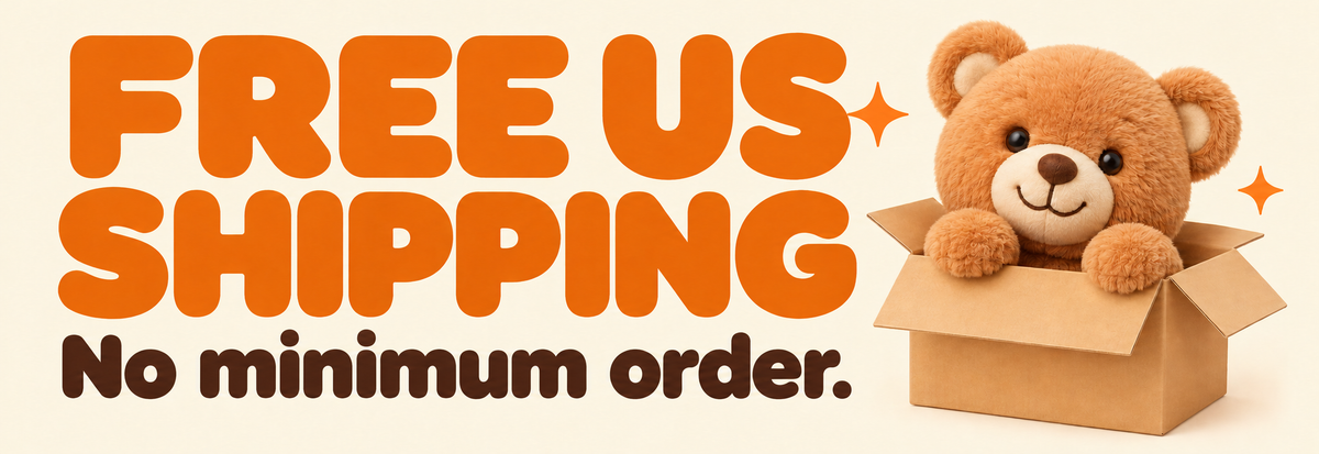 Free US shipping. No minimum order. Teddy bear in a shipping box.