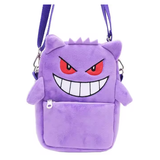 Purple Gengar mini shoulder bag with red eyes, smiling face, zippered front pocket, and purple strap