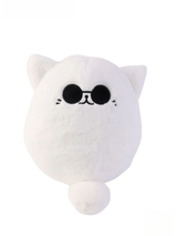 White Gojo cat plush with embroidered black sunglasses and rounded tail